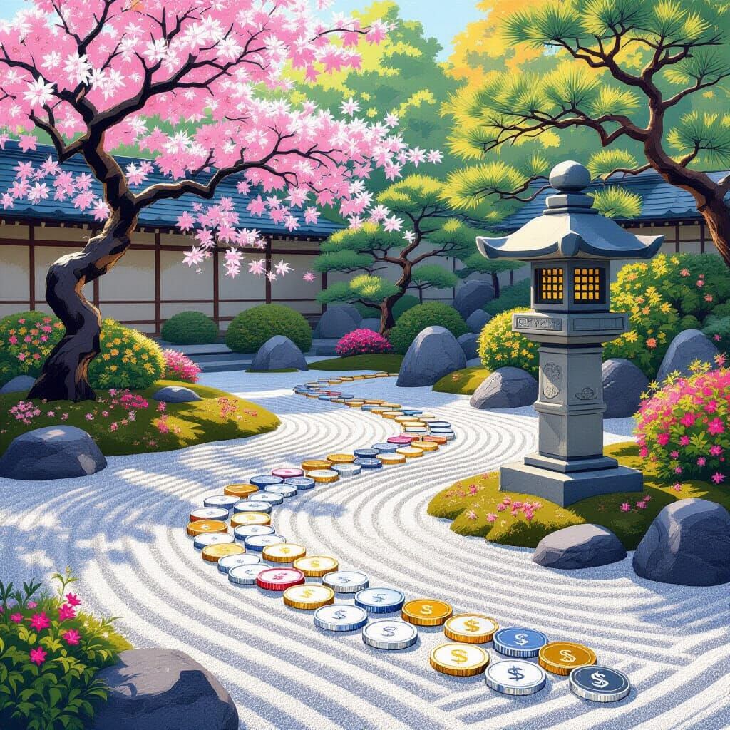 Serene Japanese Garden with Currency Elements