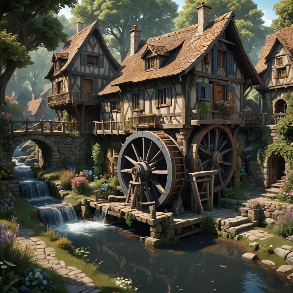 French Cottage with Water Wheel in Detailed Matte Painting