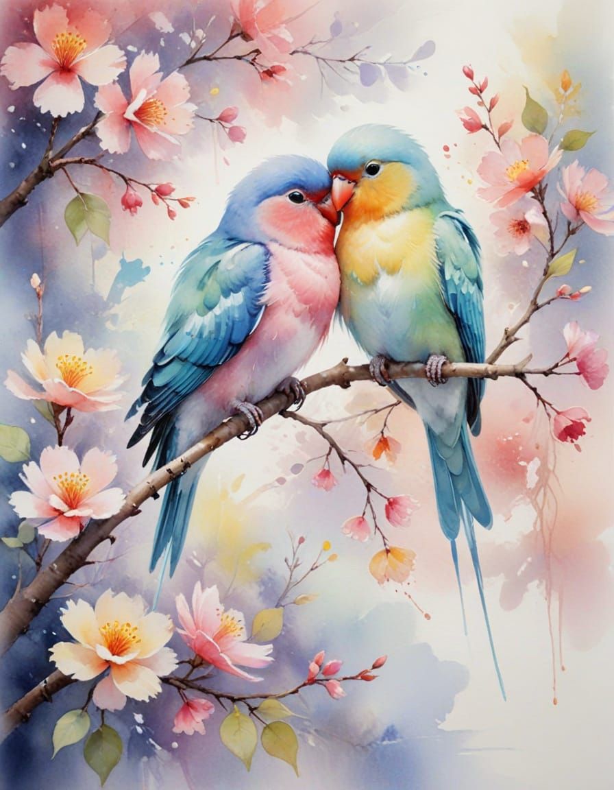 Pastel Lovebirds: An Impressionist Watercolour Painting