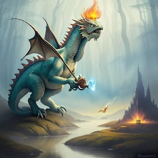 Concept art of a young man's hand holding a small, wise-looking dragon named Puff, breathing a small flame to light a pi...