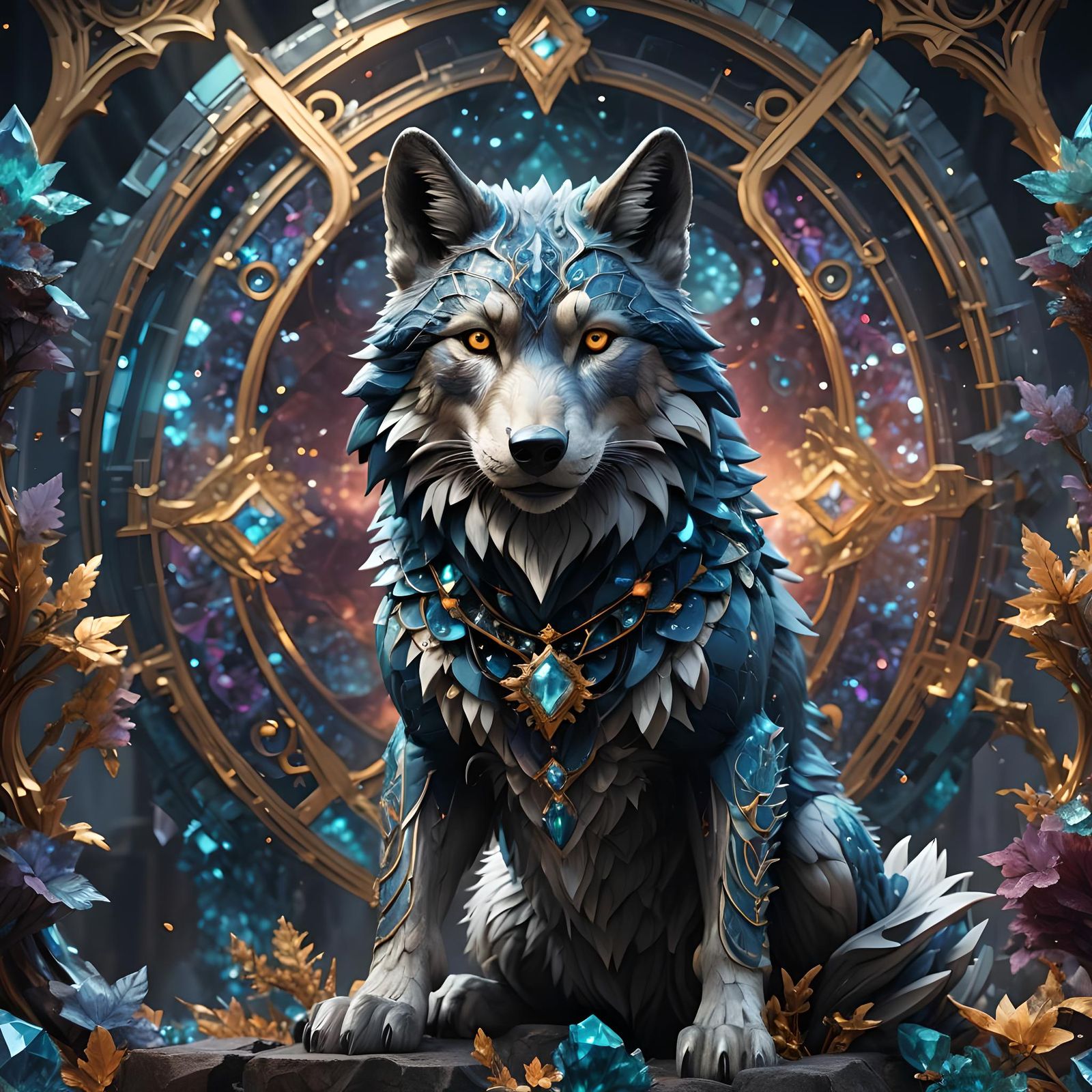 Anthro Crystal Wolf with Fractal Background