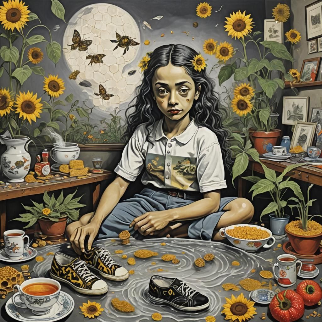 Surreal Pencil Drawing of Girl Splashing in Puddles