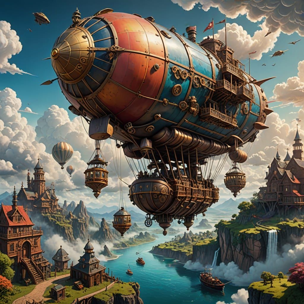 Steampunk Airship Drifting Through Cloudy Skies