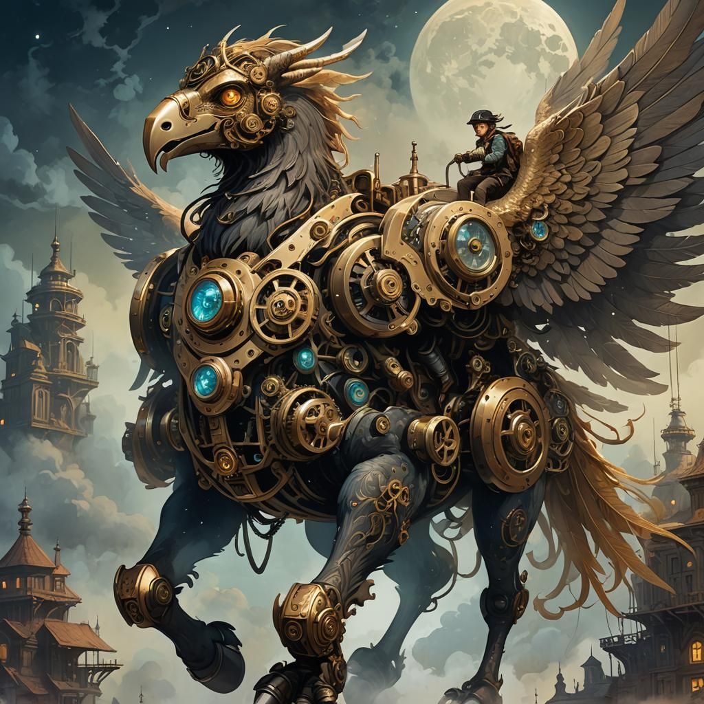 Clockwork Hippogryph in Steampunk Fantasy Illustration