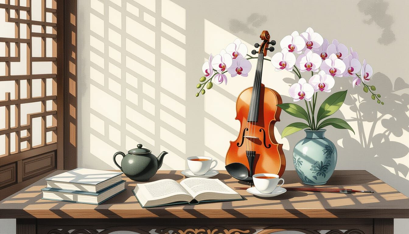 Chinese Ink Painting Inside Tea House