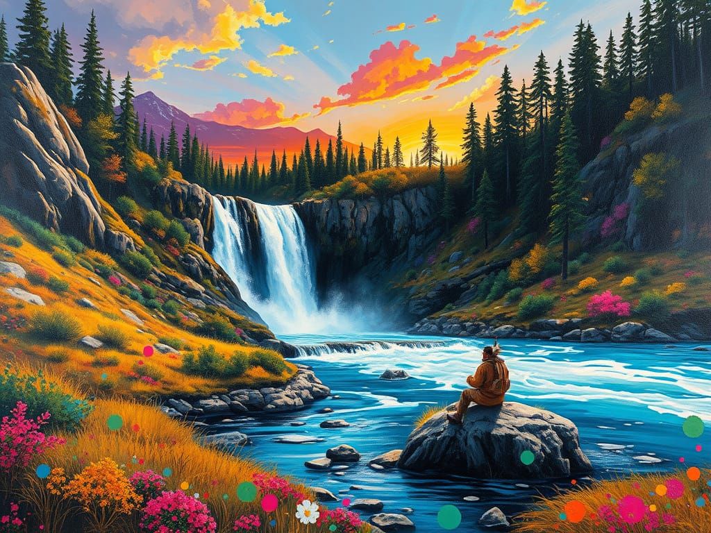 Turner-Inspired Waterfall Scene with Awestruck Native Americ...