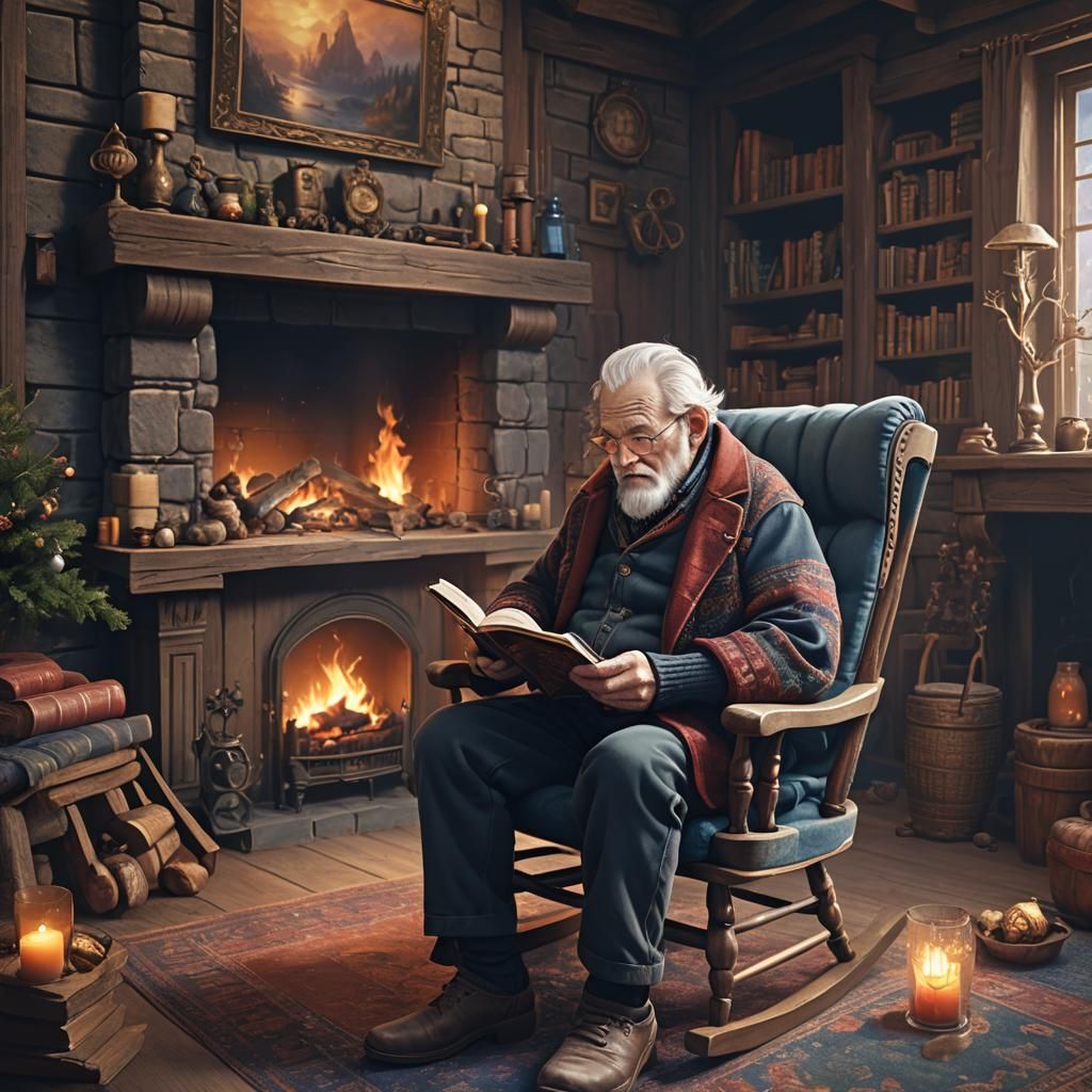 Old Man Reading by Fireplace: Detailed Digital Painting