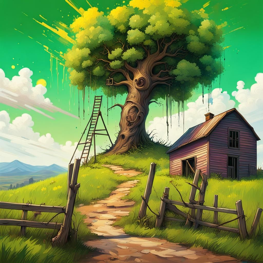 abandoned old homestead on a hill, green landscape, farm ani...