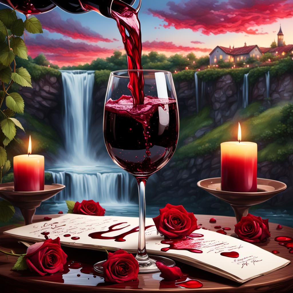 Romantic Wine Waterfall in Hyperrealistic Style
