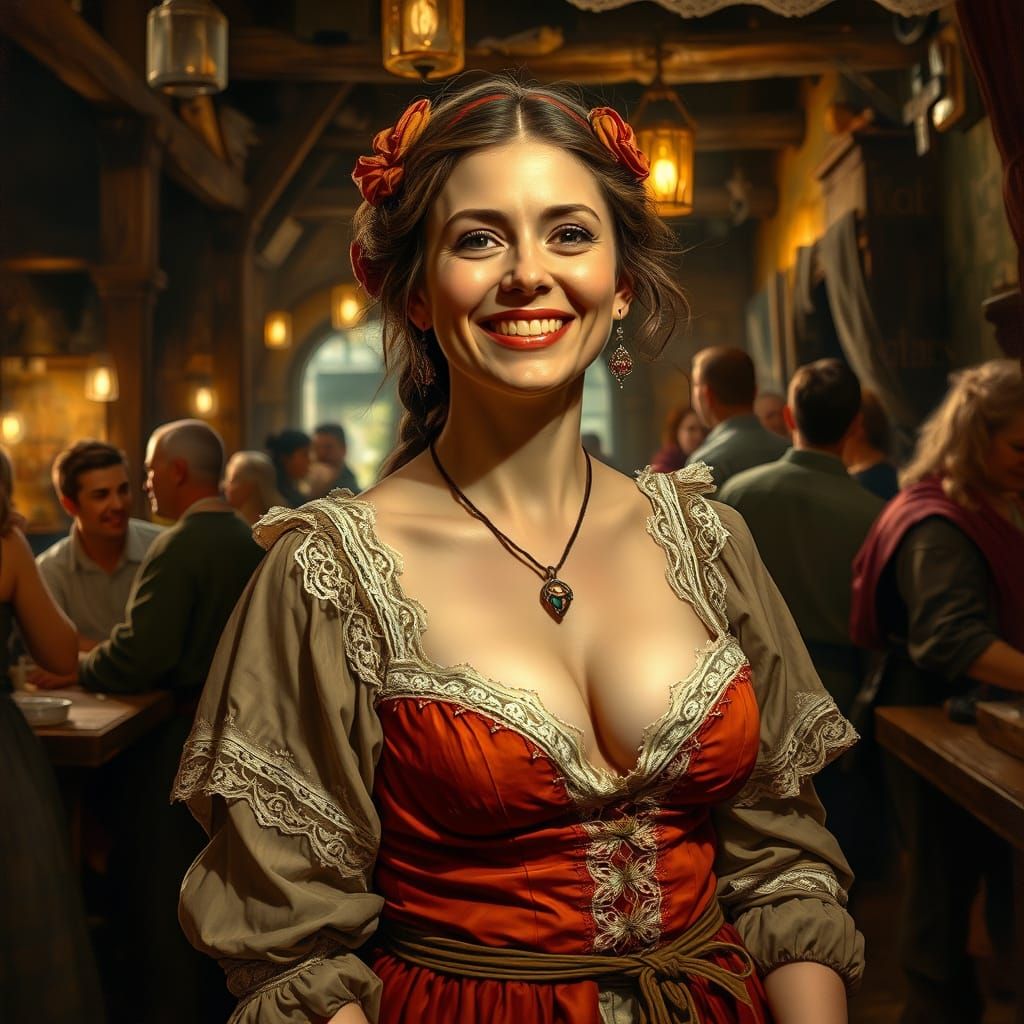 Serving Wench Portrait in Medieval Tavern, Old Masters Style