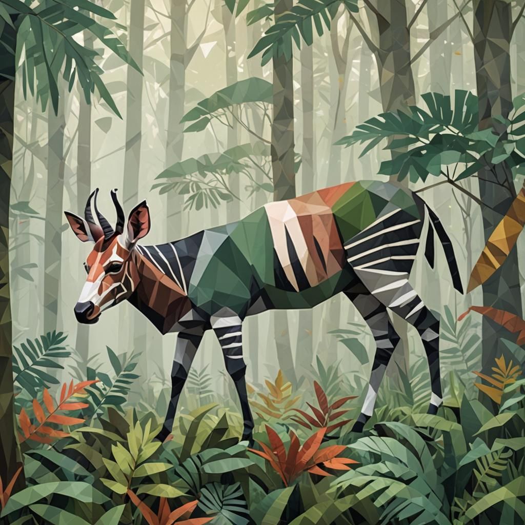 Okapi in Misty Forest: Low-Poly Art