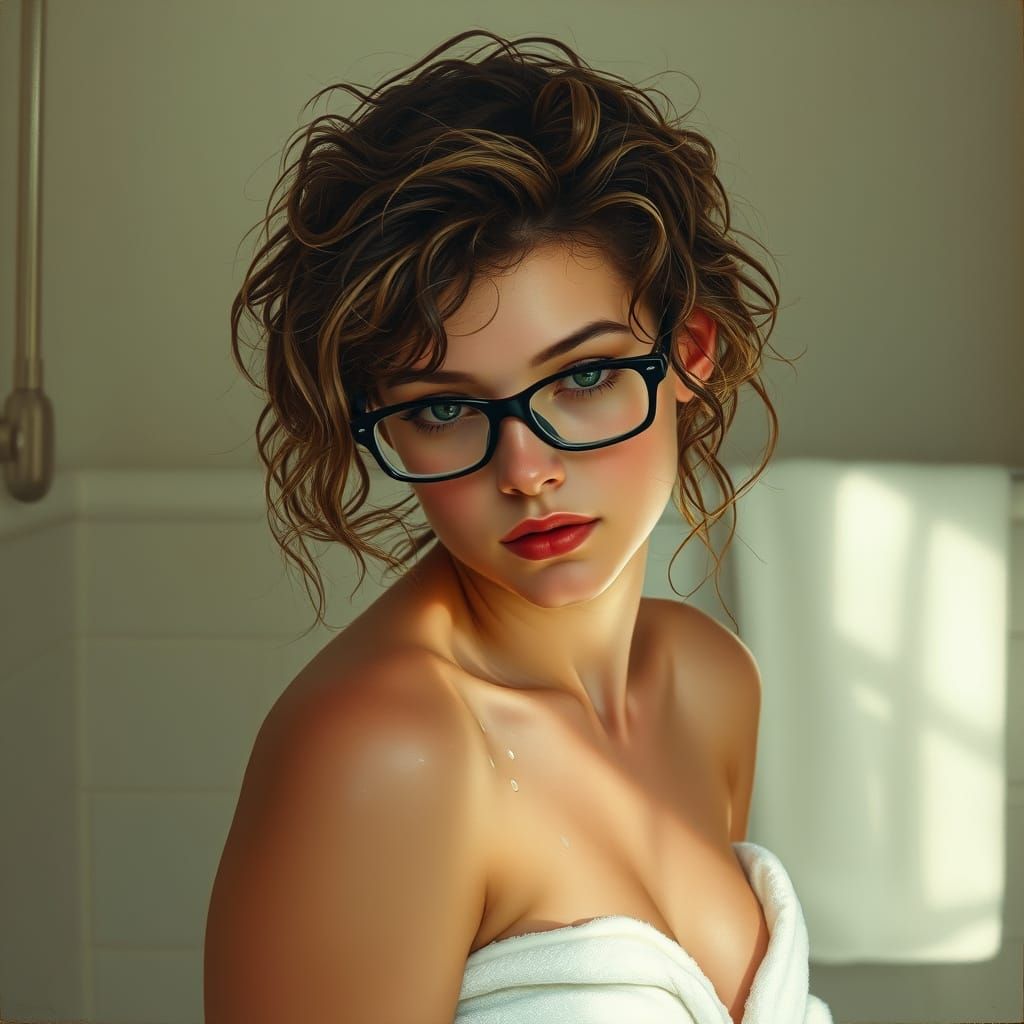 Woman with Wet Hair in Softly Lit Bathroom