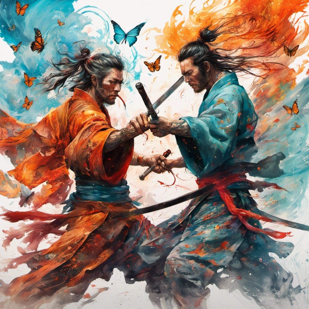 Samurai Battle with Butterflies and Flames