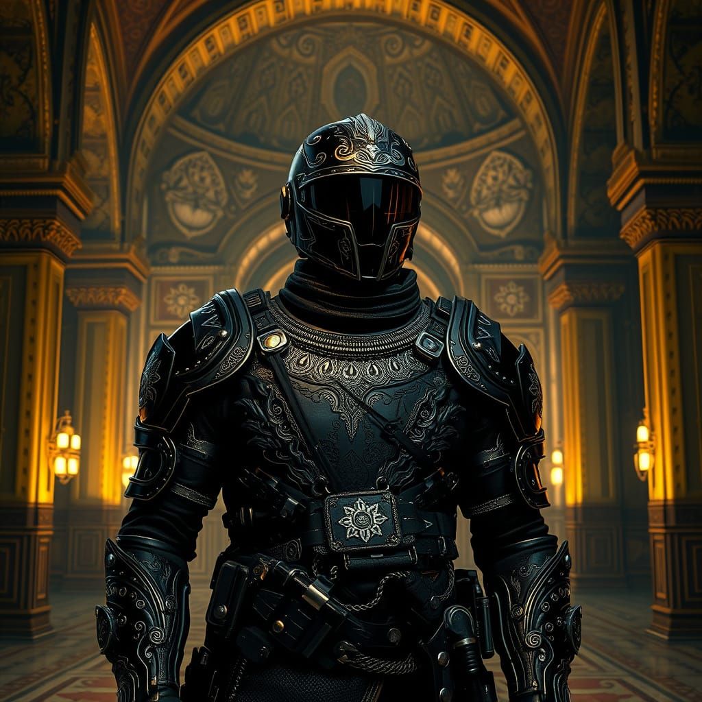 Cyberpunk Warrior in Neo-Victorian Armor Stands Watchful in ...