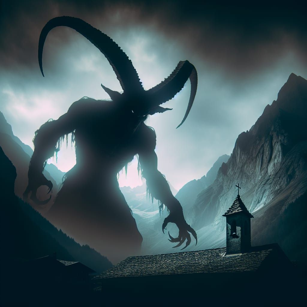 Towering Horned Figure Rending Chapel Roof