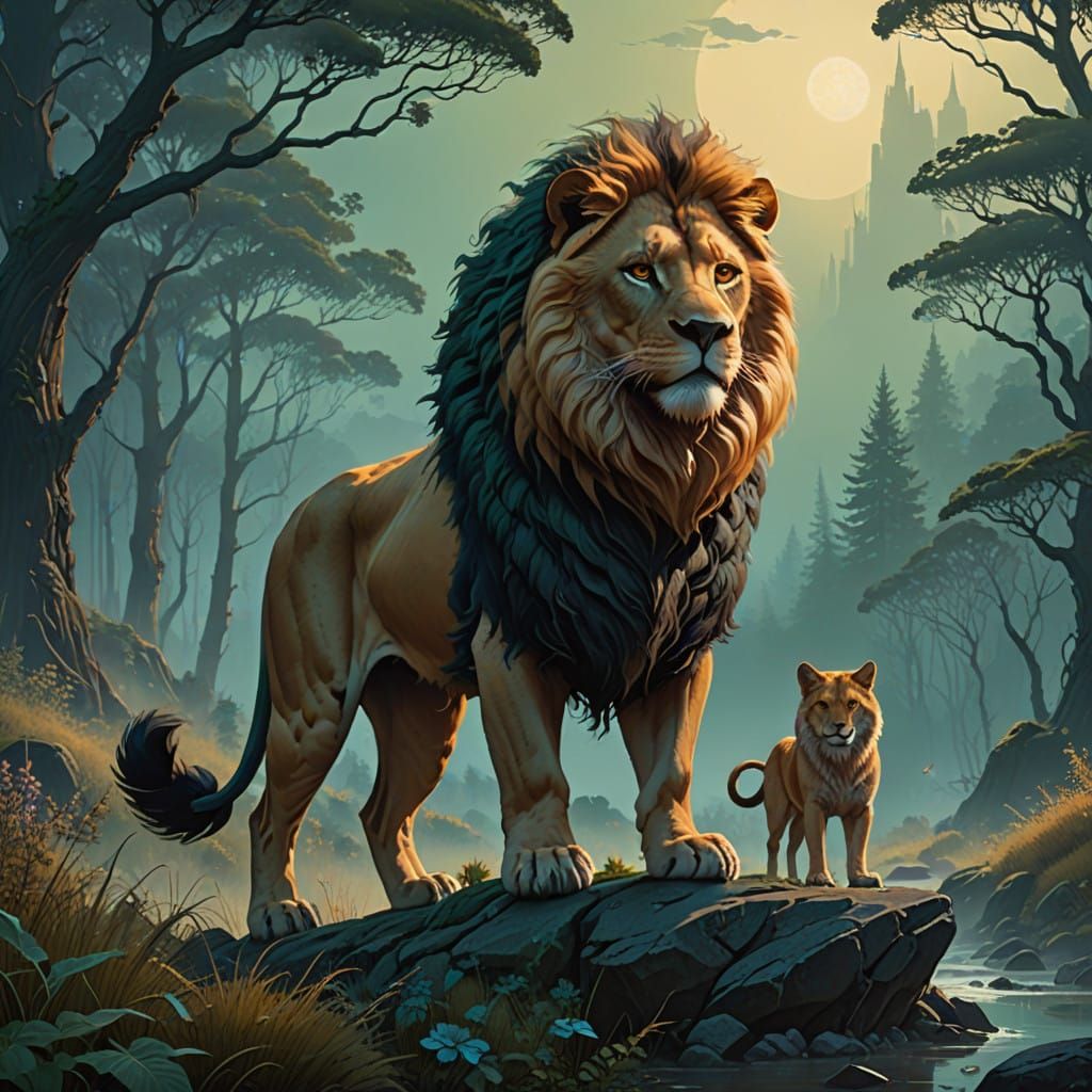 Mythical Lion Wolf Hybrid in Dreamlike Landscape