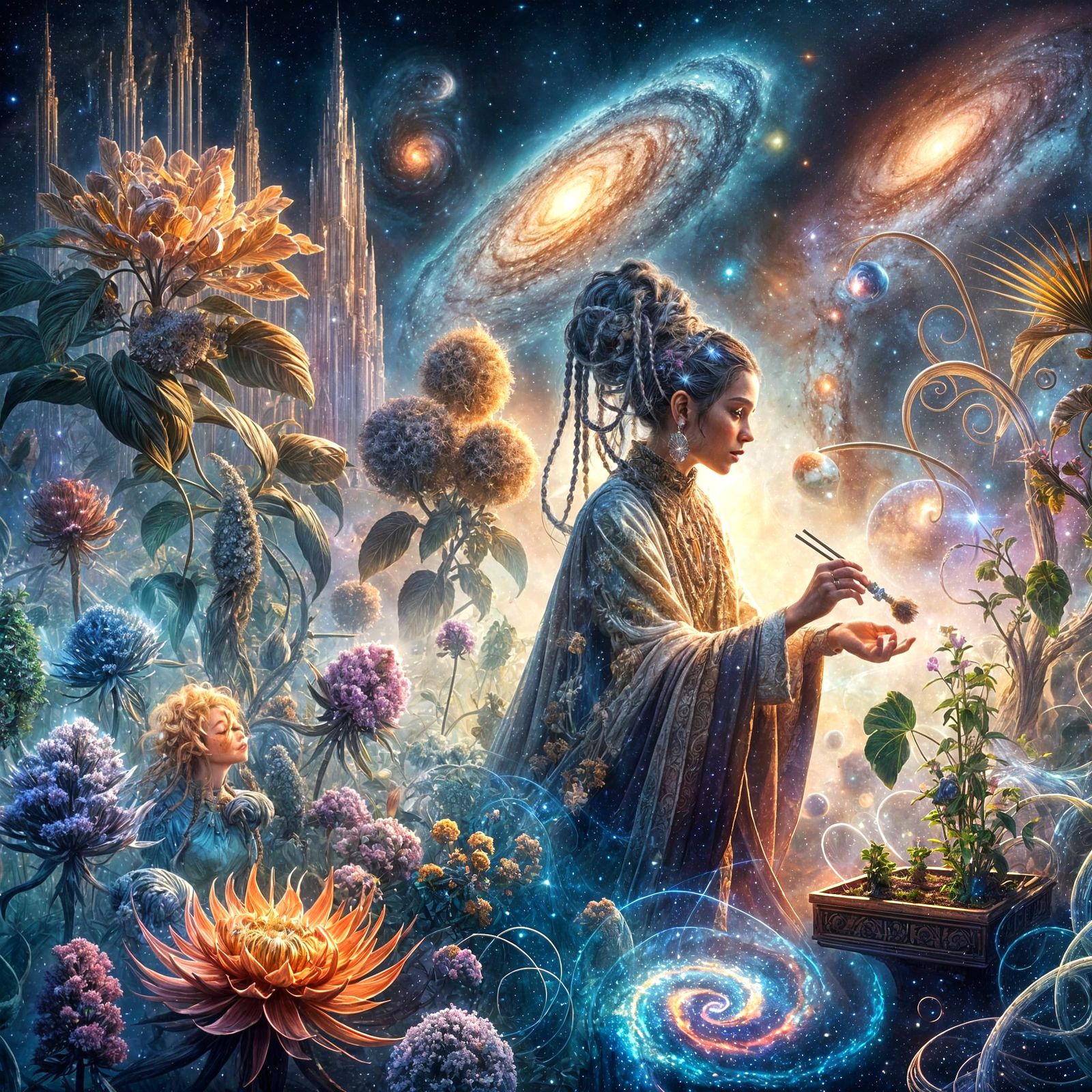 Cosmic Herbalist Tending Nebula Garden in Art Nouveau Style