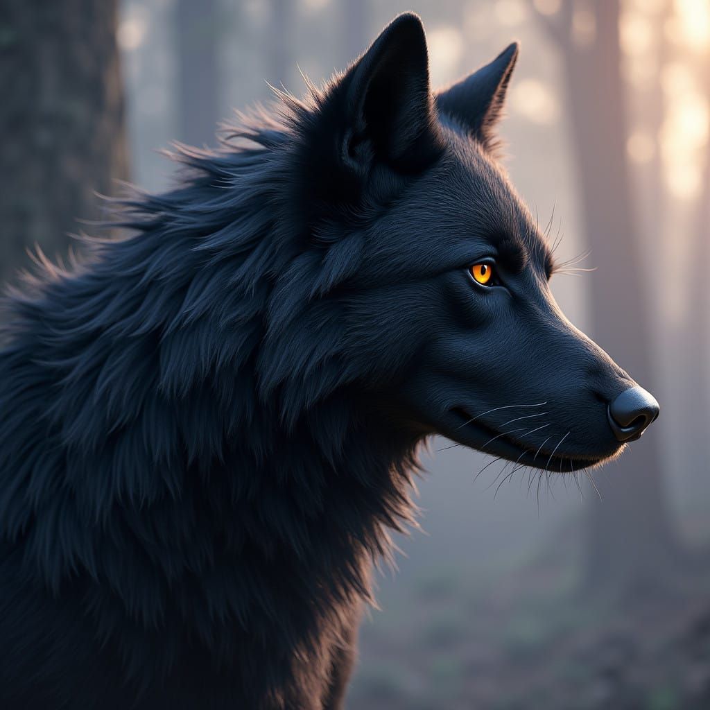Fantastical Black Wolf in Deep, Vibrant Hues