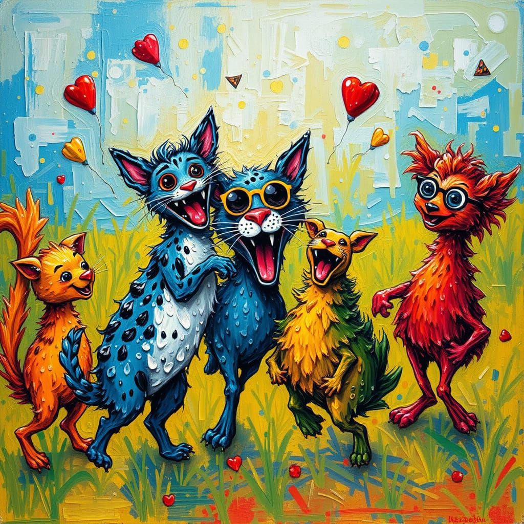 Vibrant Playful Scene in Expressive Post-Impressionist Style