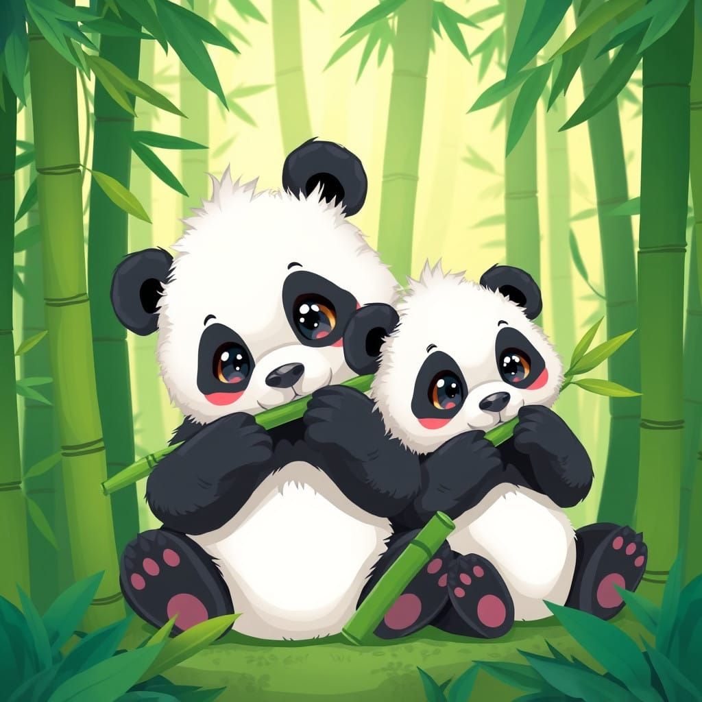 Whimsical Cartoon Pandas in a Lush Bamboo Forest