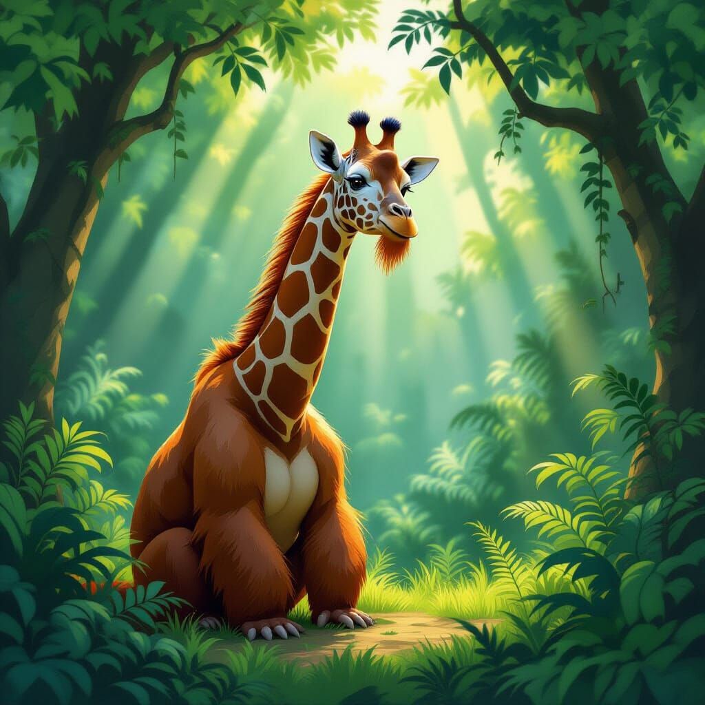 Fantastical Orangutan-Giraffe Hybrid in Lush Jungle
