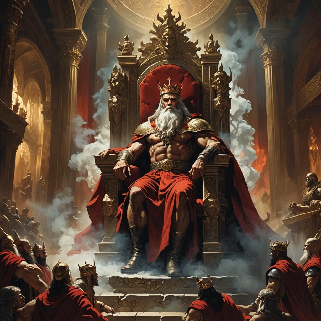 King on Throne in Grand Hall, Frank Frazetta Style