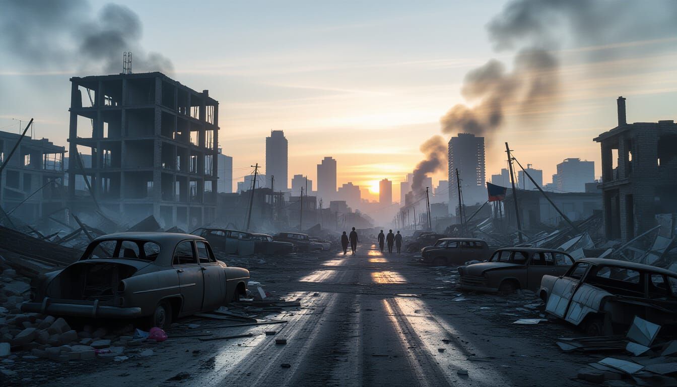 Desolate Post-War Cityscape at Dawn