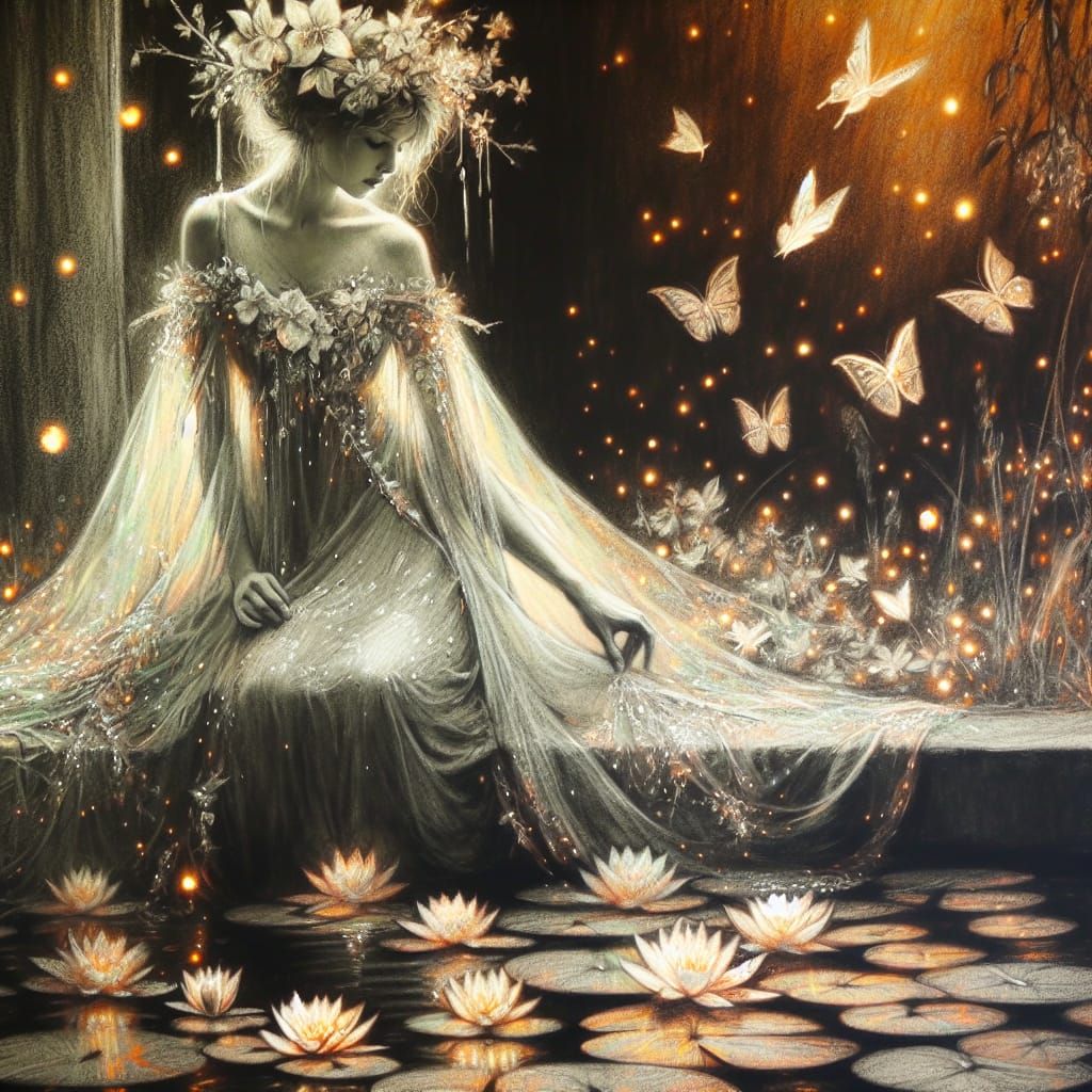 Romantic Era Charcoal Drawing of Woman by Lily Pond