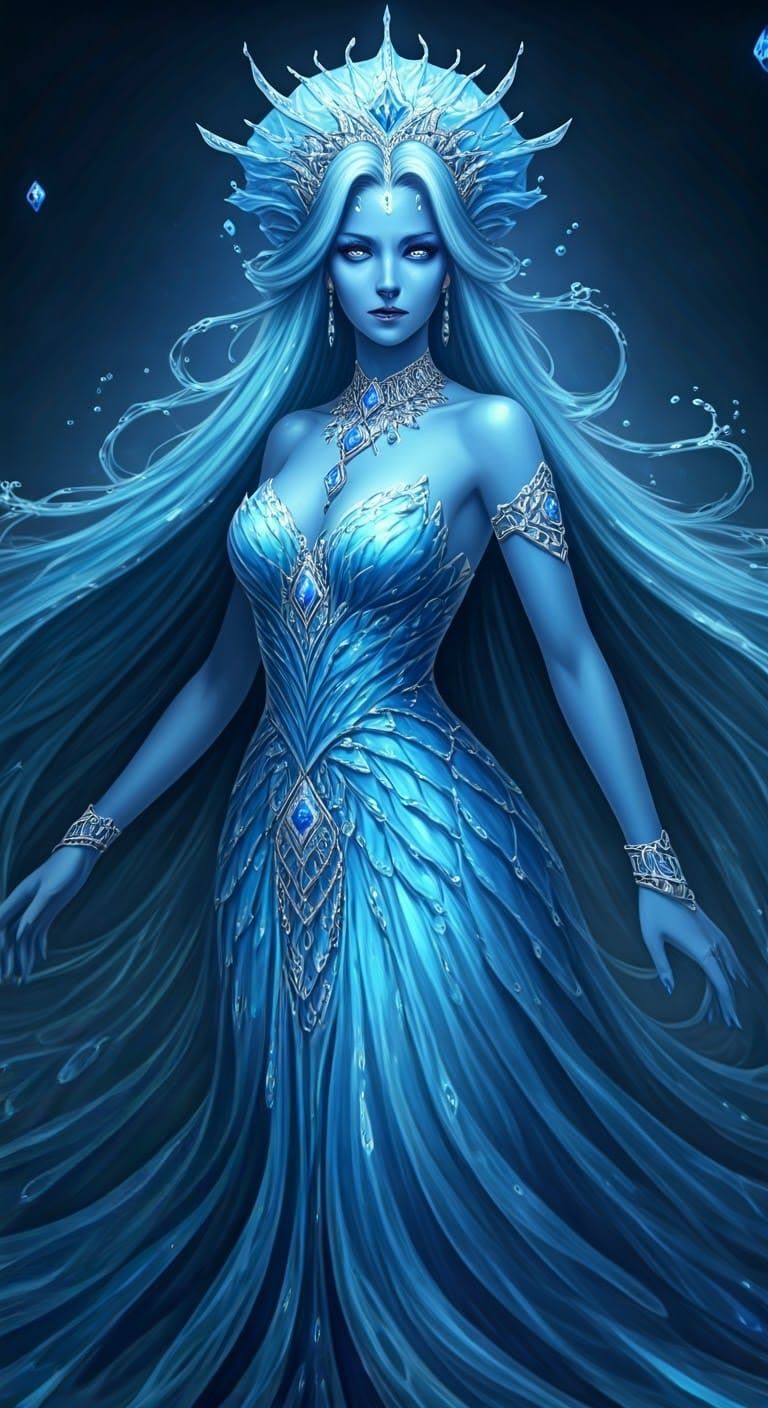 Otherworldly Blue Enchantress in Flowing Water Gown