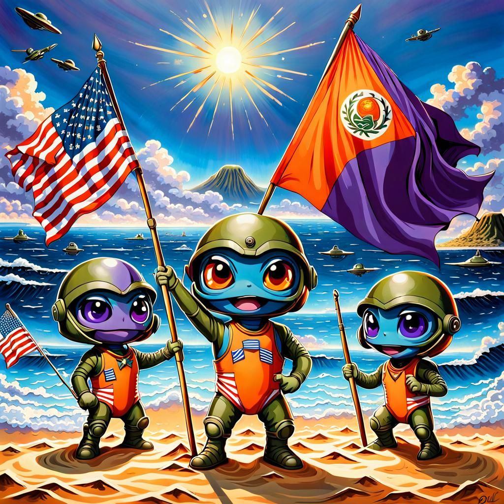 Iwo Jima: Chibi Aliens Raise Orange Flag