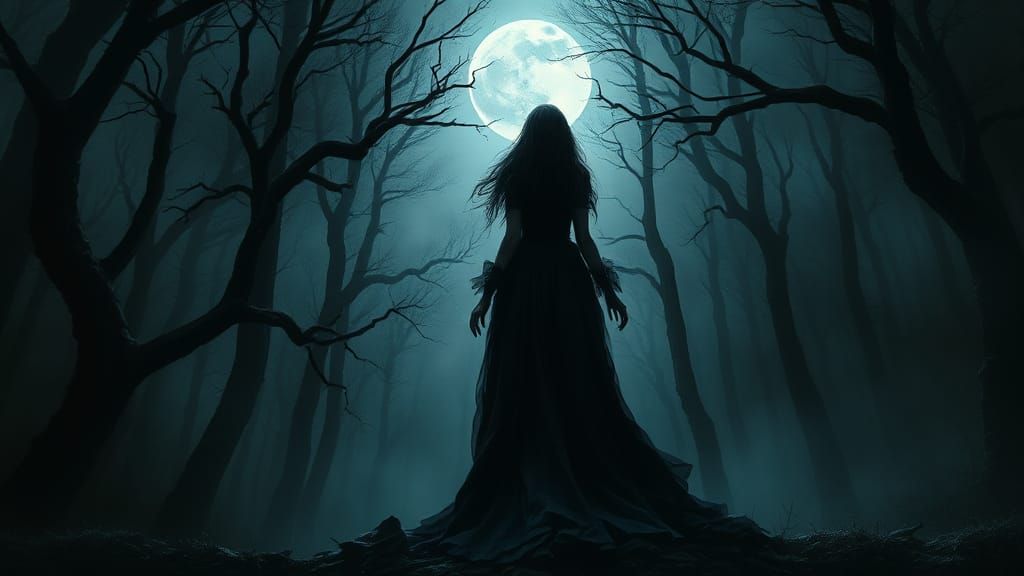 Gothic Woman in Moonlit Forest, Dark Fantasy Art