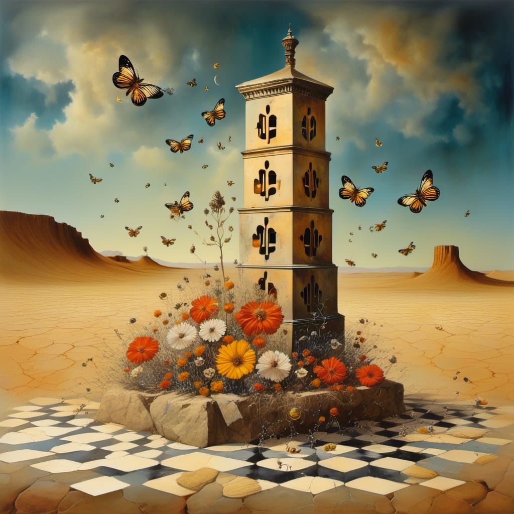 Surreal Desert Clocktower in Watercolor Style