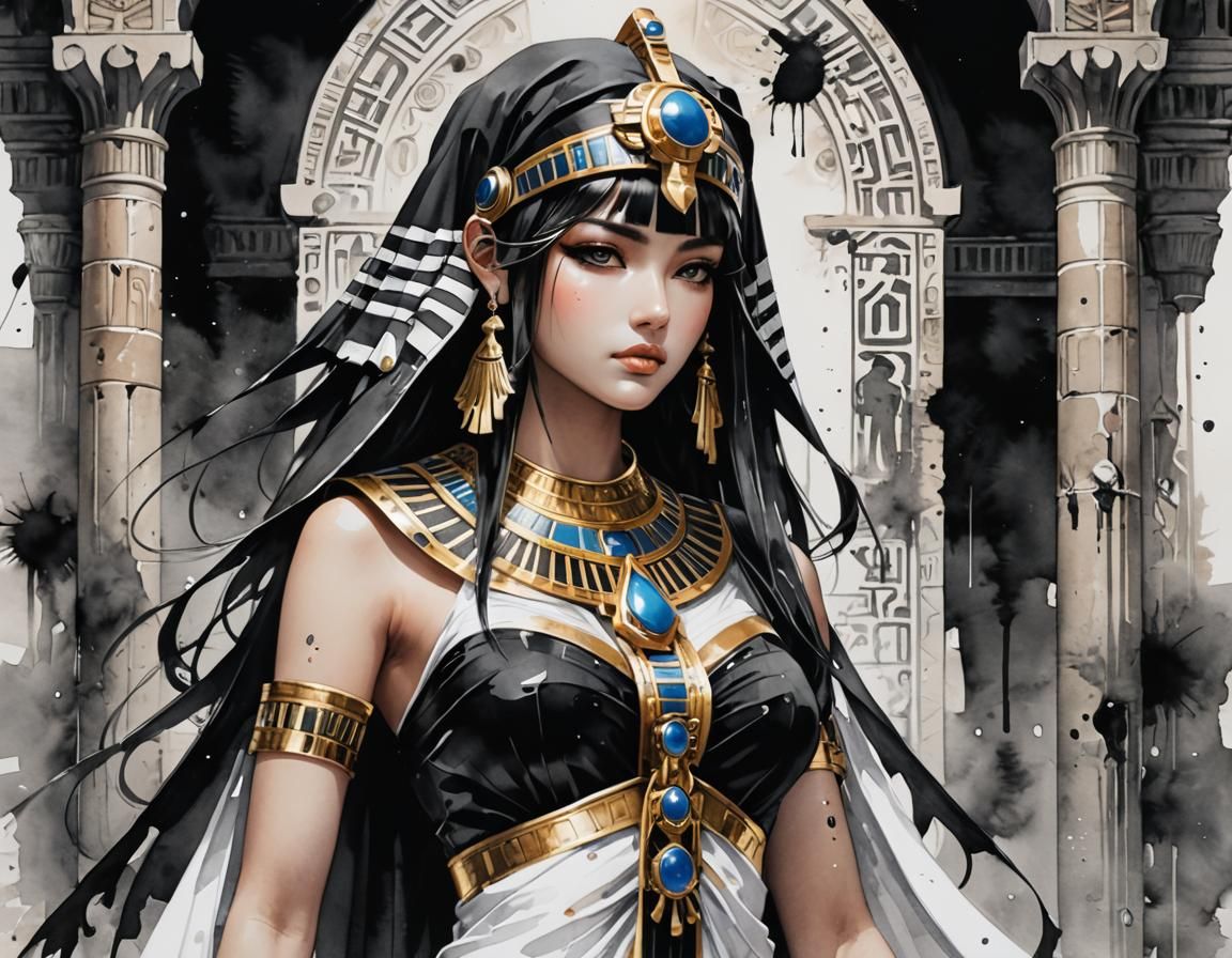High Contrast Watercolour: Egyptian Priestess in Anime Style