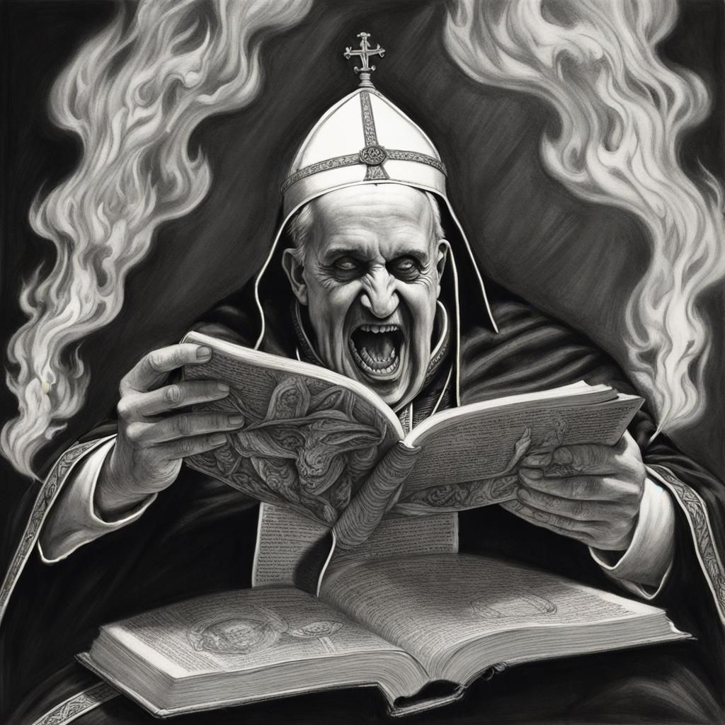 Charcoal Drawing: Evil Pope Eats Burning Book