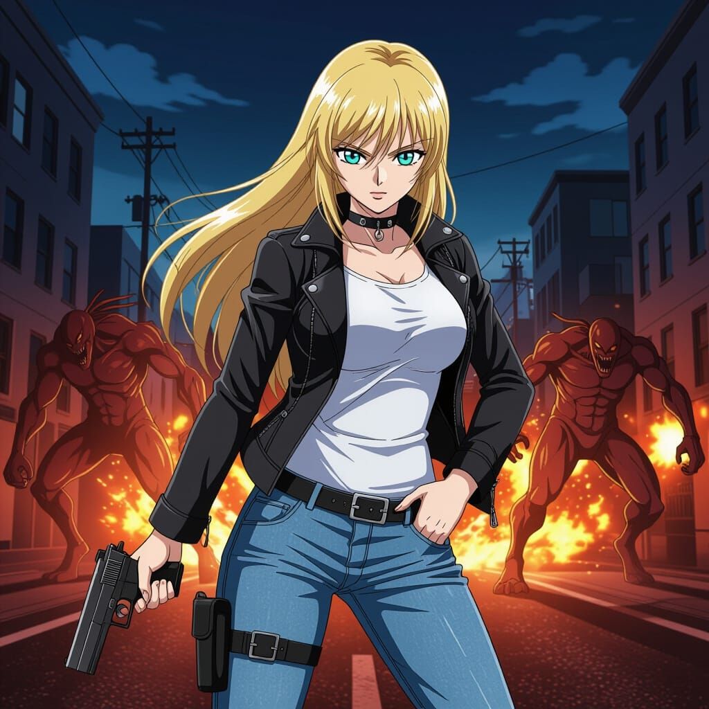 Anime Woman in Action Scene with Monsters