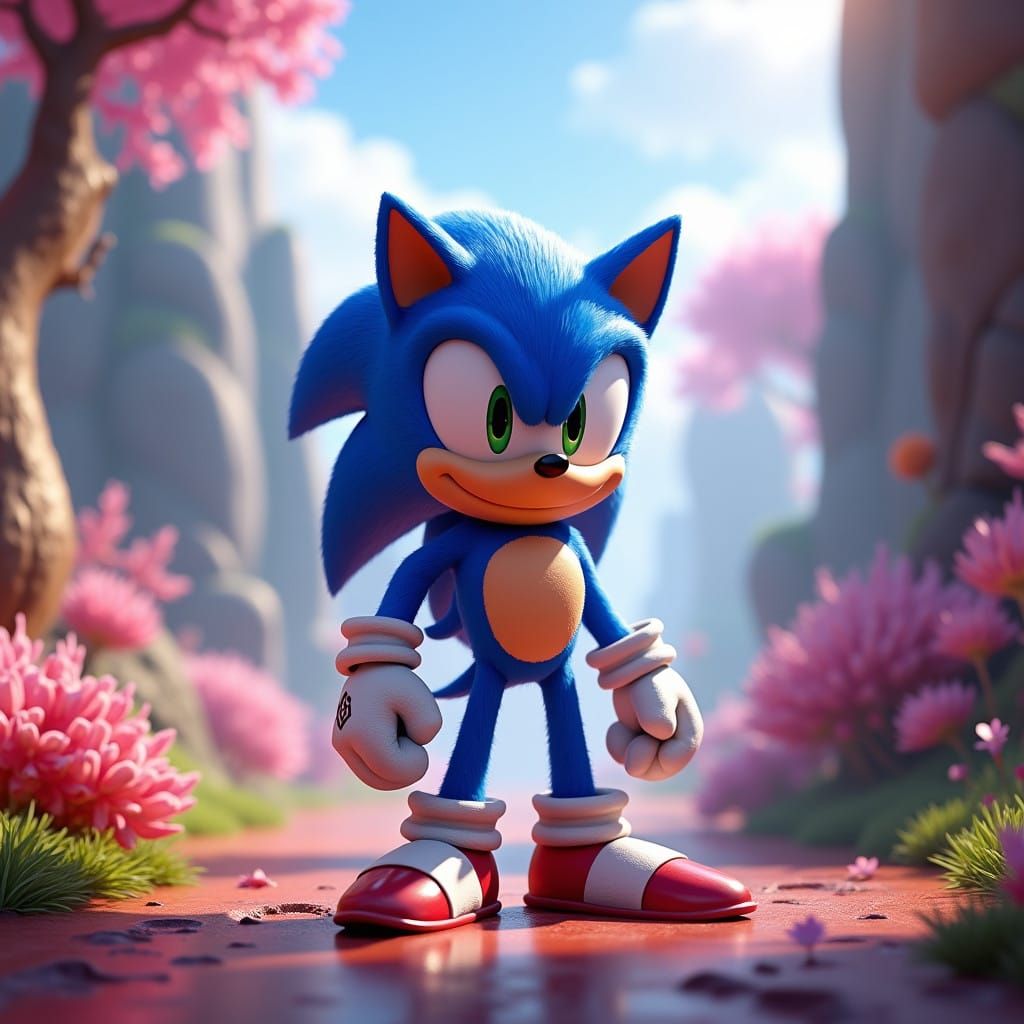 Sonic Hero in Vibrant Fantasy Landscape