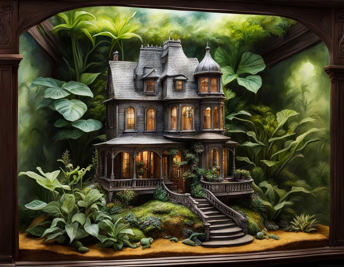 Victorian house wood sculpture inside a paludarium,