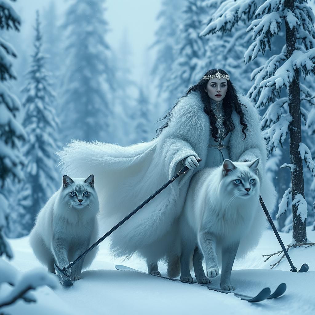 Freya, the Norse goddess of love, rides through a snowy forest on large white cat.