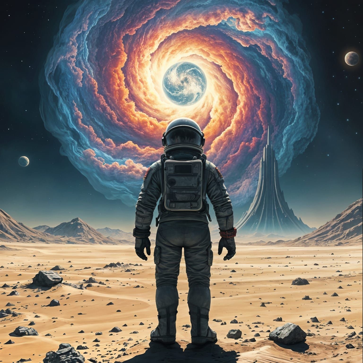 Astronaut on Alien Planet Gazing at Nebula