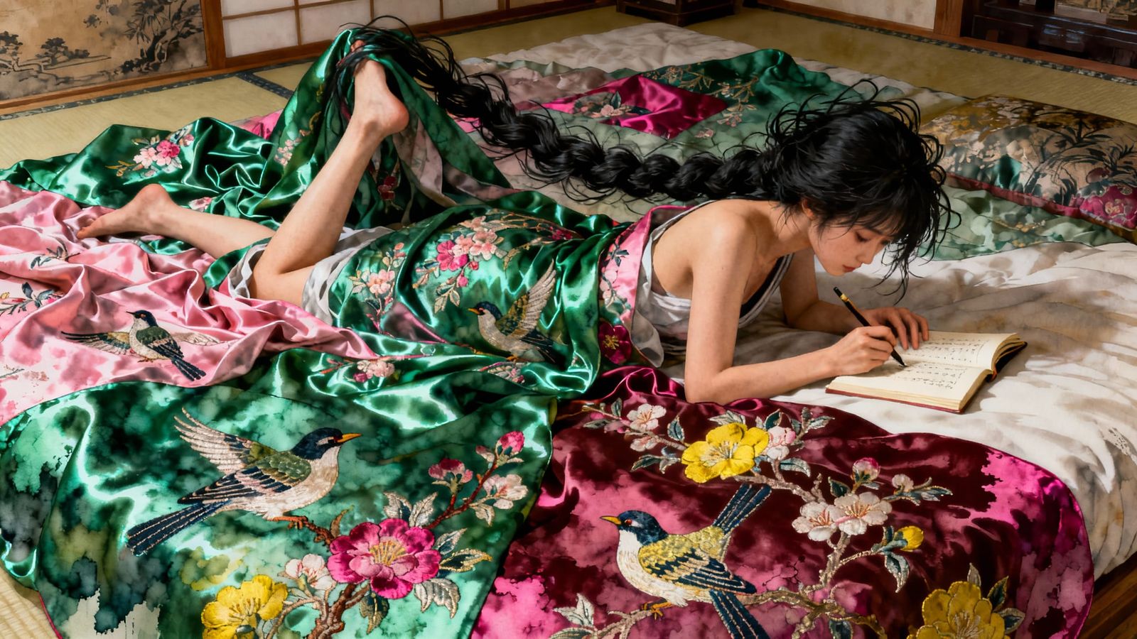Woman Writing in Diary on Ornate Silk Bedspread