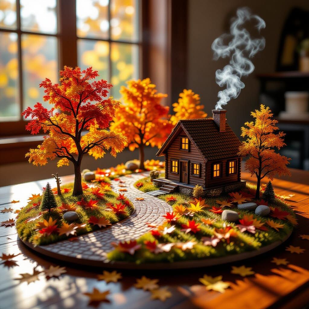 Photorealistic Miniature Autumn Scene on Table