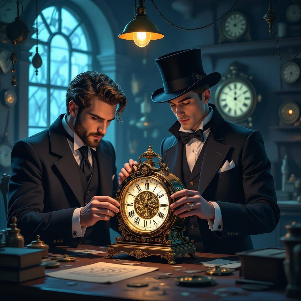 Clockmaker Repairing Magical Timepiece in Surreal Style