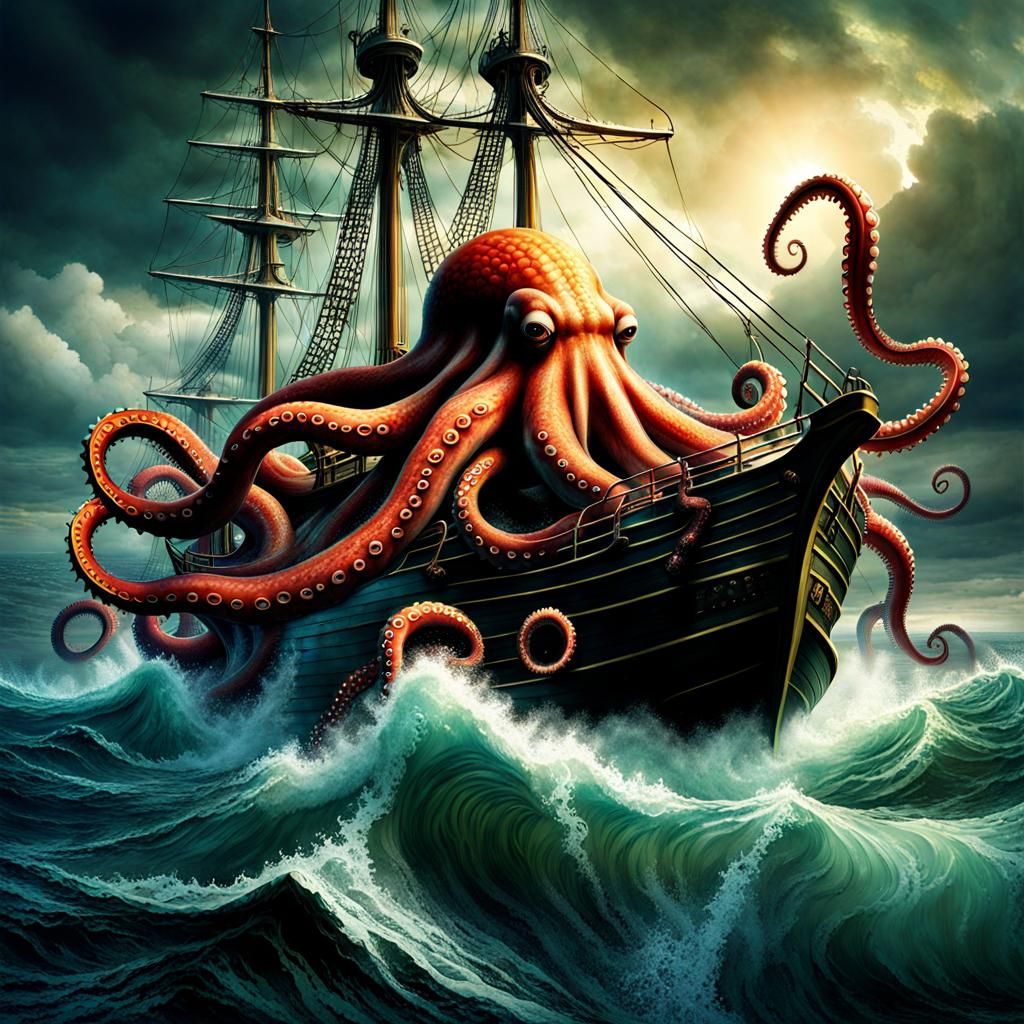 Giant Kraken destroying Ship