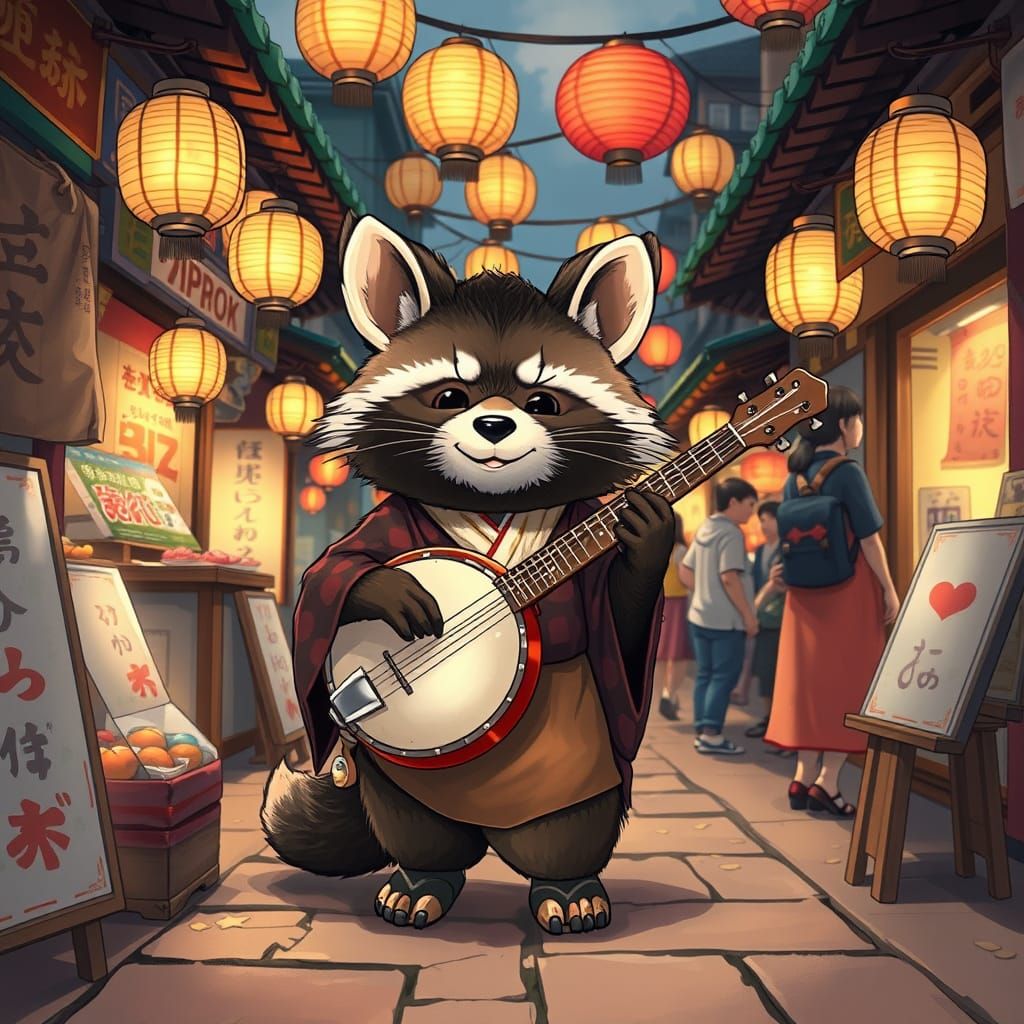 Tanuki's Musical Marketplace Adventure in Anime Style