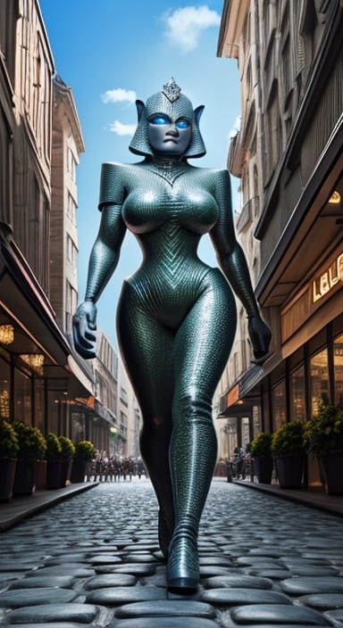 Elegant Art Deco Lady Before Cobblestone Golem in Majestic B...