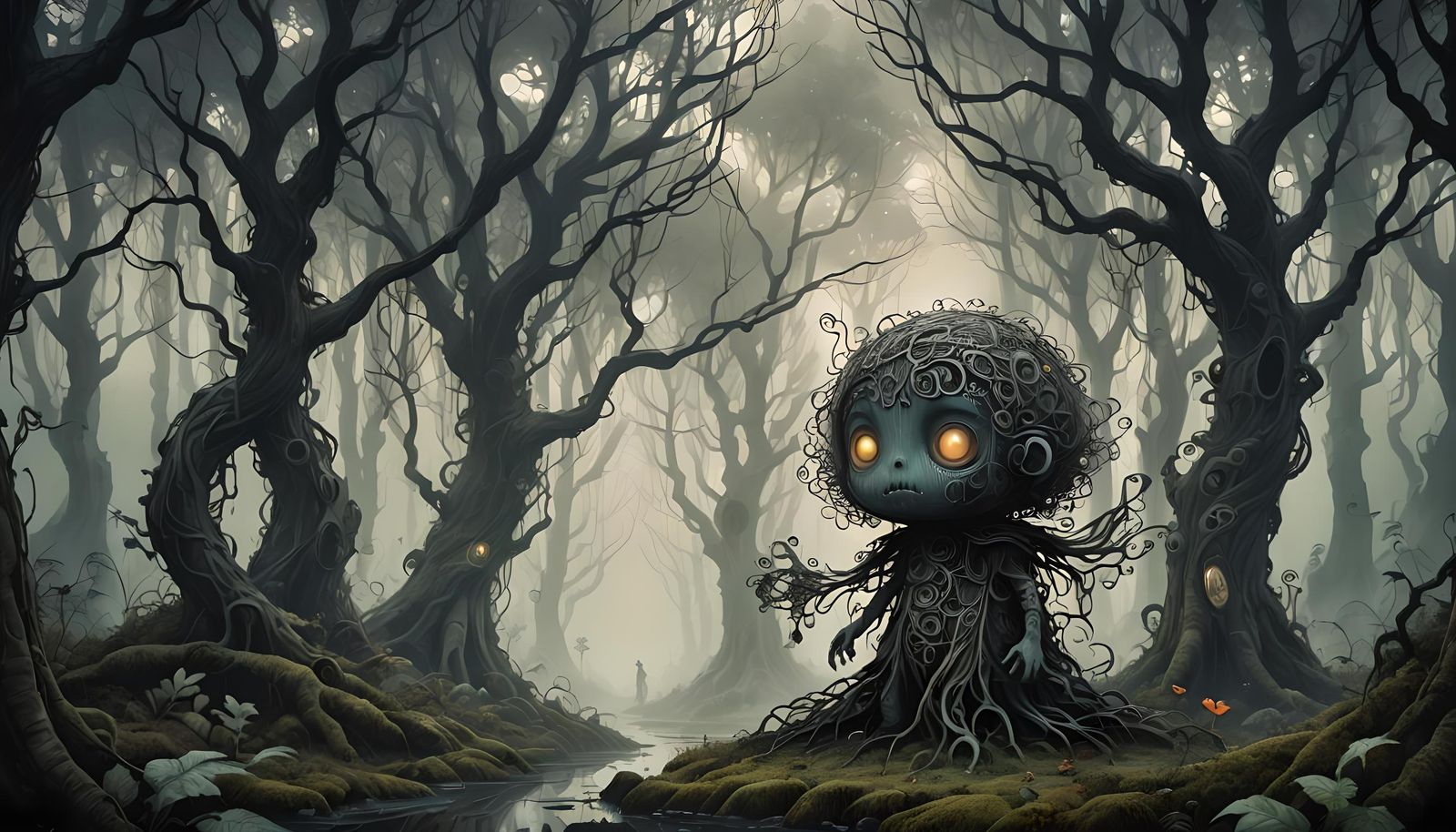 Enchanting Sprite in Dark Forest, Zentangle Masterpiece