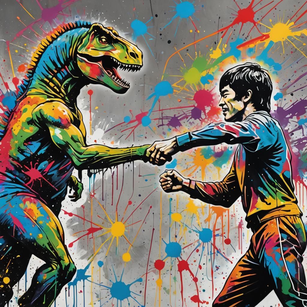 Bruce Lee and T-Rex Graffiti Art Friendship