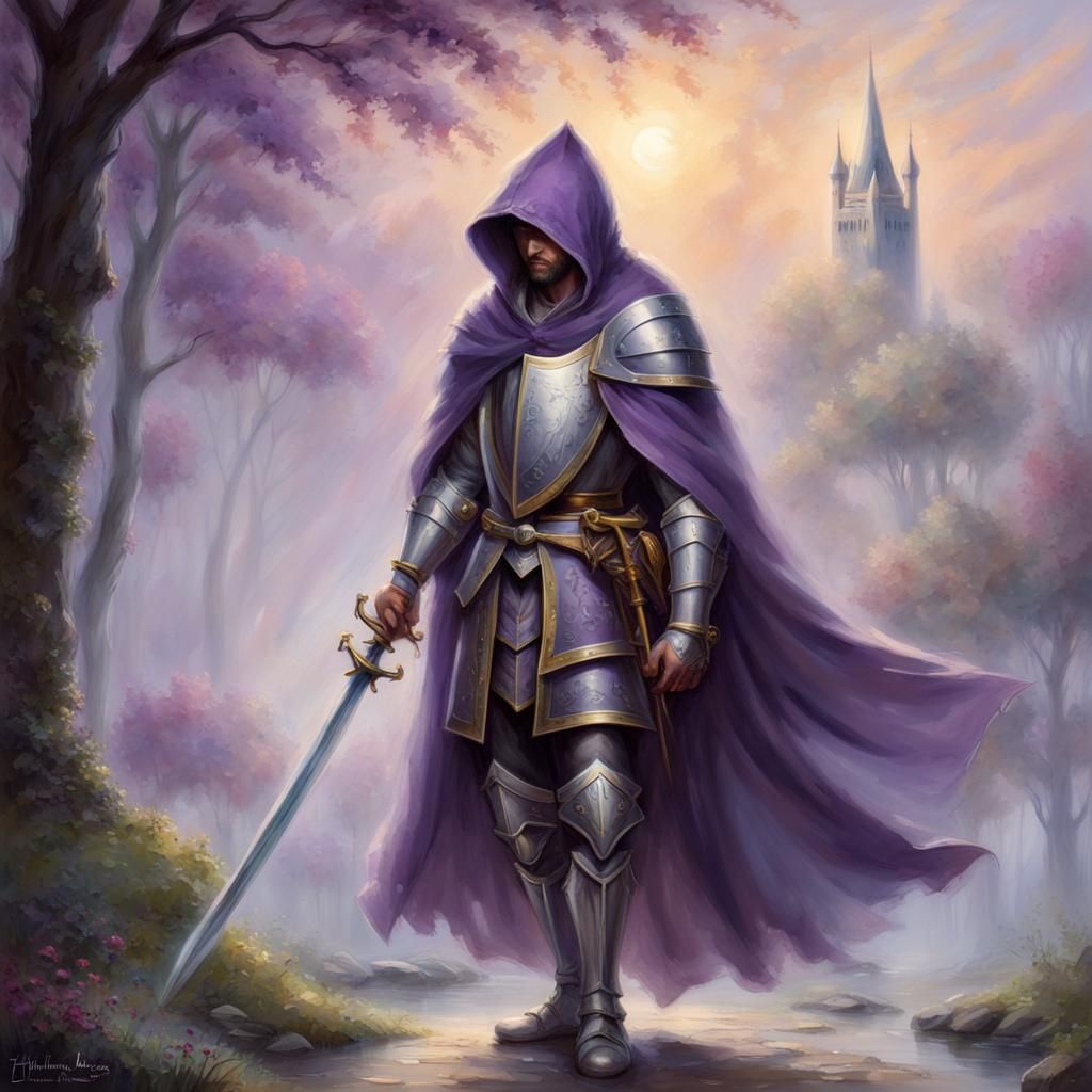 Weary Knight in Purple Cloak Fantasy Art