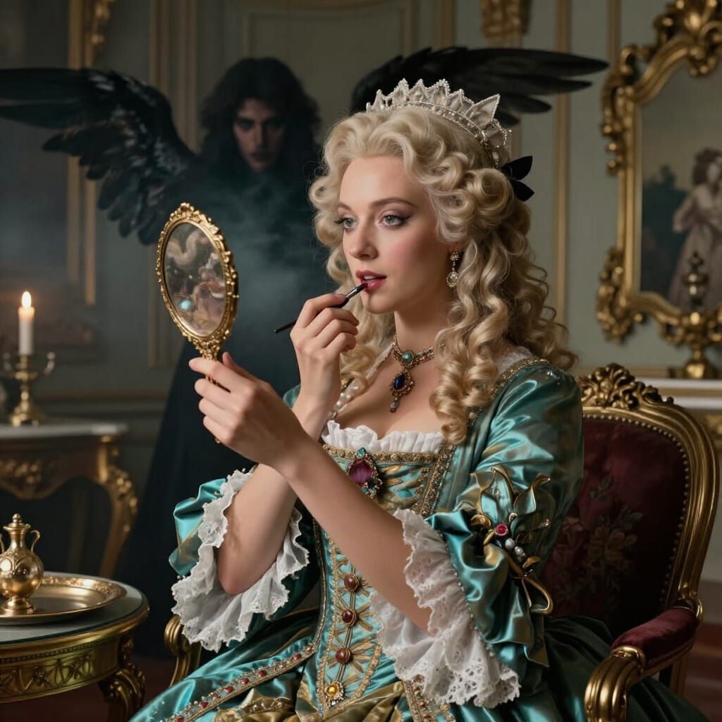 Royal Empress Applying Lipstick in Opulent Parlor