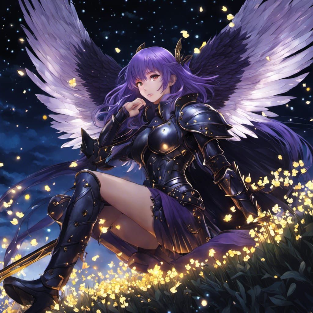 Anime Knight with Angel Wings in the Night